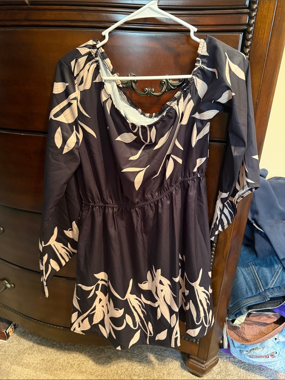 Navy Floral Off-Shoulder Dress with Cream Leaf Print